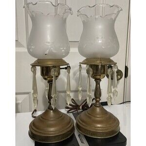 Vtg Set of 11" Brass ASTRAL Mantle Boudoir LAMPS Prisms Electric Etched READ